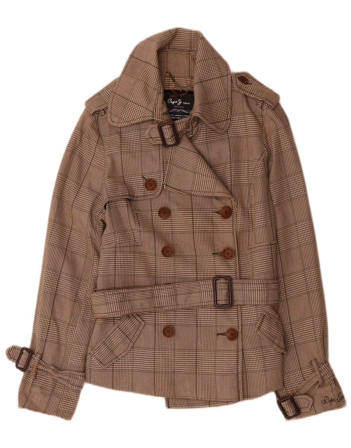 PEPE Jeans Damen Pea Coat mit Gürtel, UK 14, mittelbraune Hahnentritt-Baumwolle