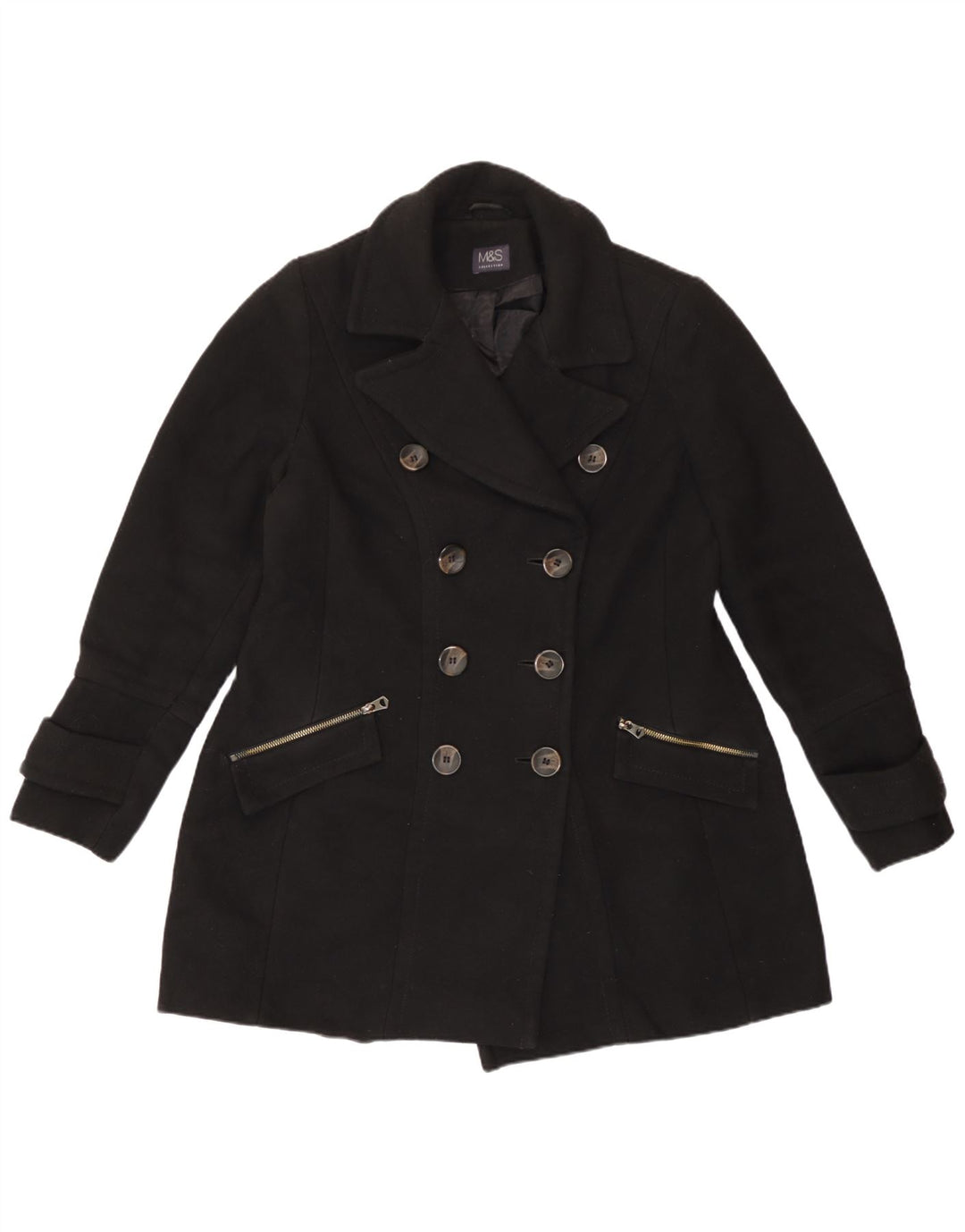 Marks & Spencer Damen Pea Coat UK 14 Large Schwarz Polyester