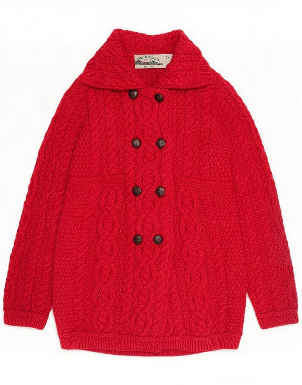 Aran Crafts Girls Loose Fit Cardigan Sweater 6-7 Years Red Merino Wool