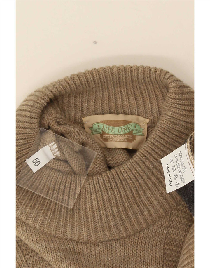 Life Line Herren-Pullover mit Rundhalsausschnitt, IT 50, mittelbeige, geometrische Wolle