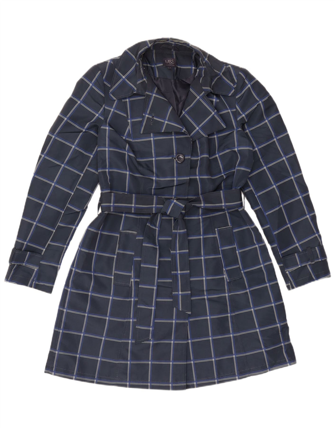 Marks & Spencer Damen Trenchcoat UK 12 Medium Navy Blue Check Polyester