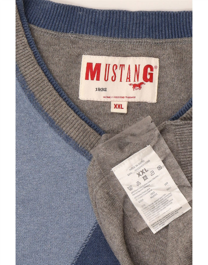 MUSTANG Mens V-Neck Jumper Sweater 2XL Grey Argyle/Diamond Cotton