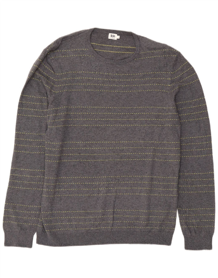 John Lewis Herren-Pullover mit Rundhalsausschnitt, mittelblau, gestreift, Baumwolle