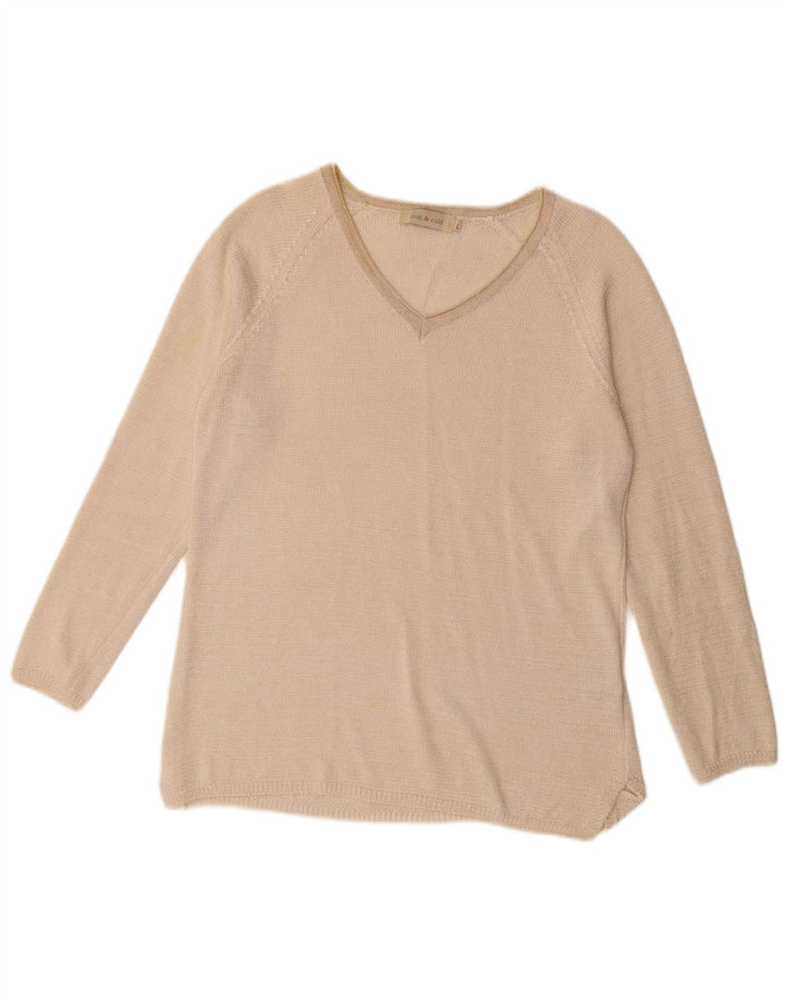 Vintage Damen V-Ausschnitt Pullover Pullover UK 16 Groß Beige Polyester