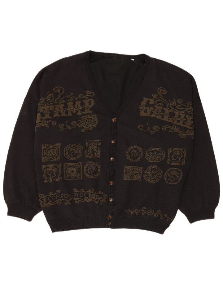 Vintage Herren Grafischer Cardigan Pullover 3XL Grau Patchwork Viskose