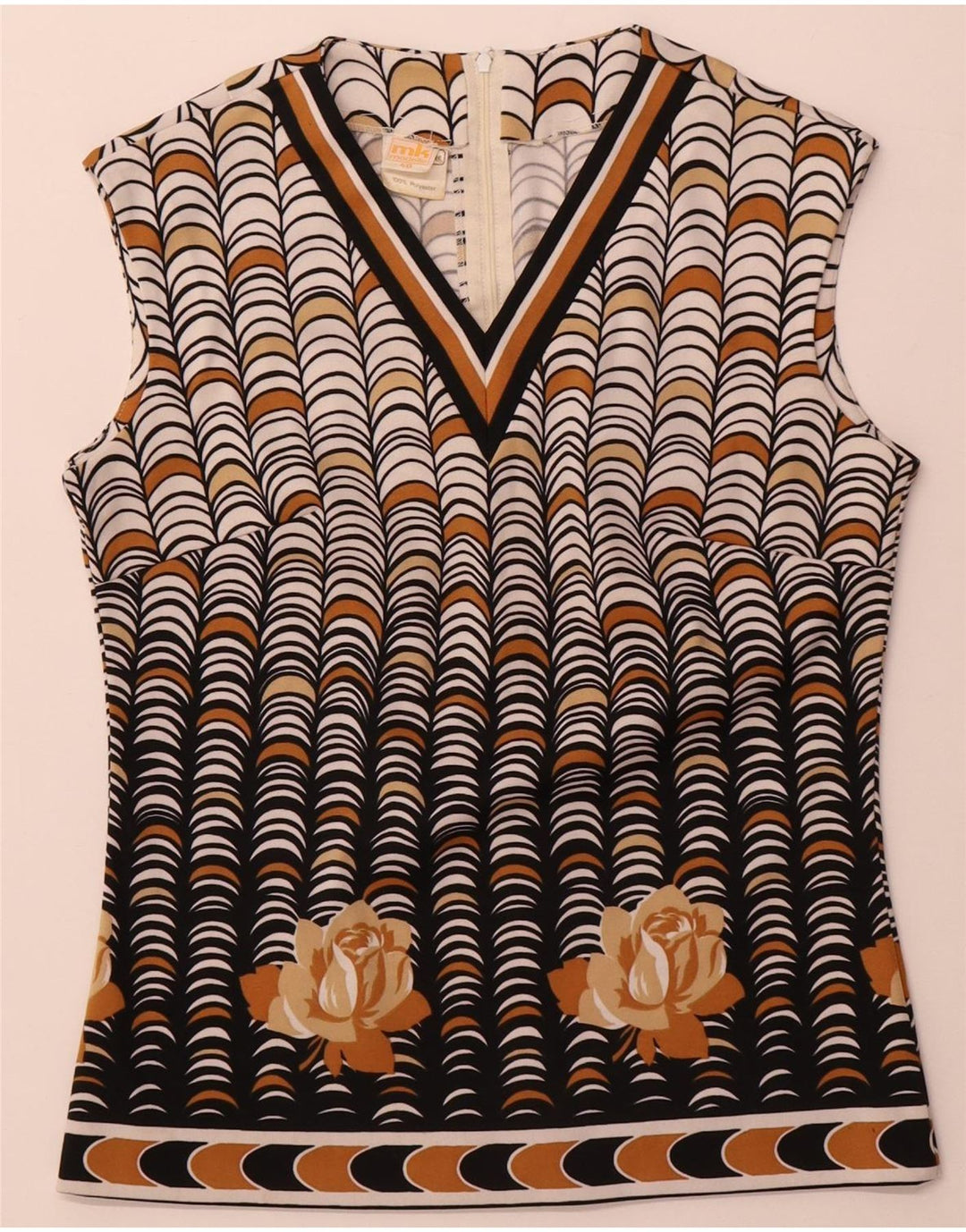 Vintage Damen Ärmelloses Blusentop IT 40 Small Beige Geometrisch Polyester