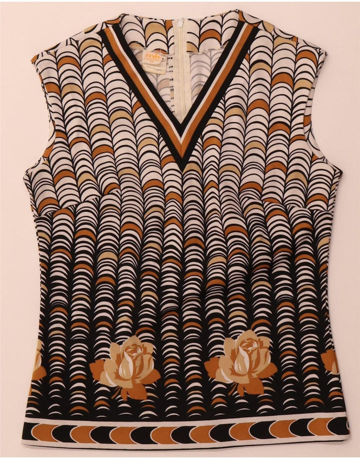 Vintage Damen Ärmelloses Blusentop IT 40 Small Beige Geometrisch Polyester