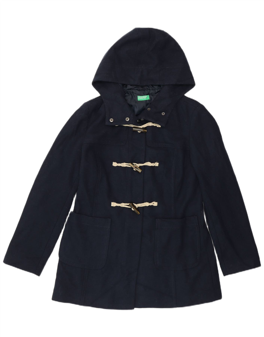 BENETTON Damen Dufflecoat mit Kapuze UK 14 Große marineblaue Wolle