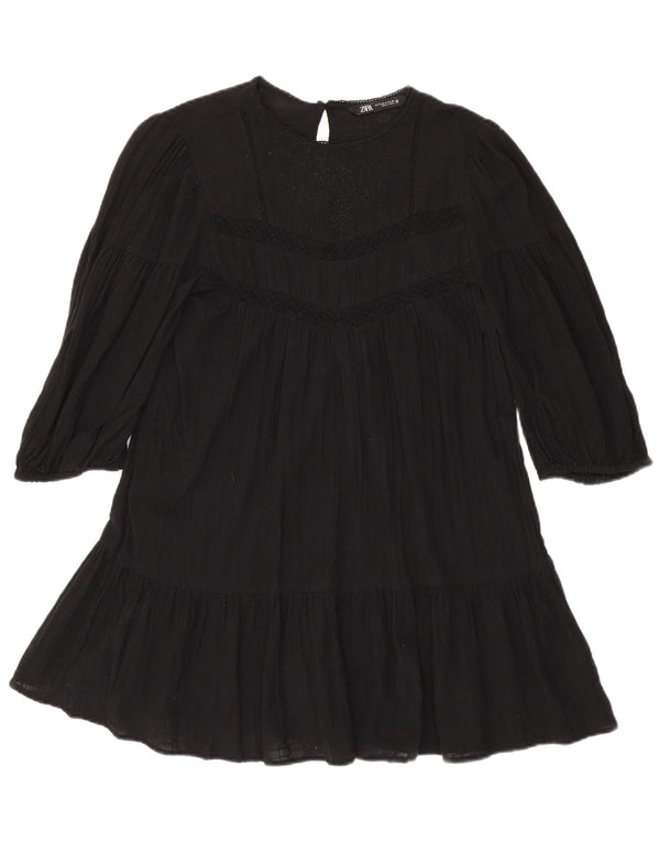Zara Damen-Kleid mit 3/4-Ärmeln, gestuftes Kleid, Gr. 10, Größe S, Schwarz, Blumenmuster, Baumwolle