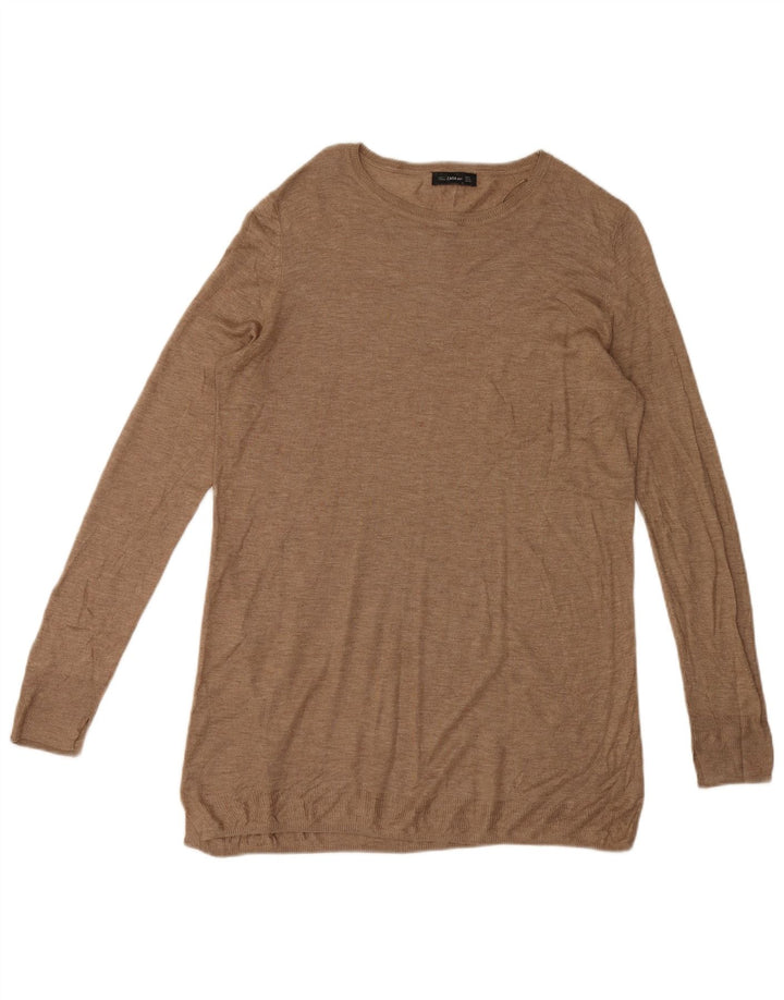 Zara Damen Longline Top Langarm UK 14 Mittelbraune Viskose
