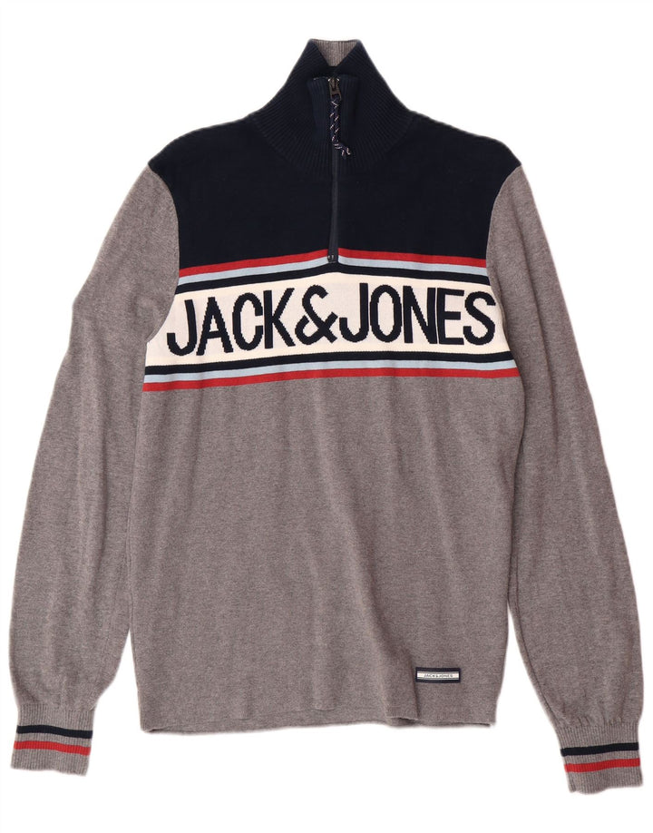 JACK & JONES Herren-Pullover mit grafischem Reißverschluss, Größe S, Grau, Farbblock