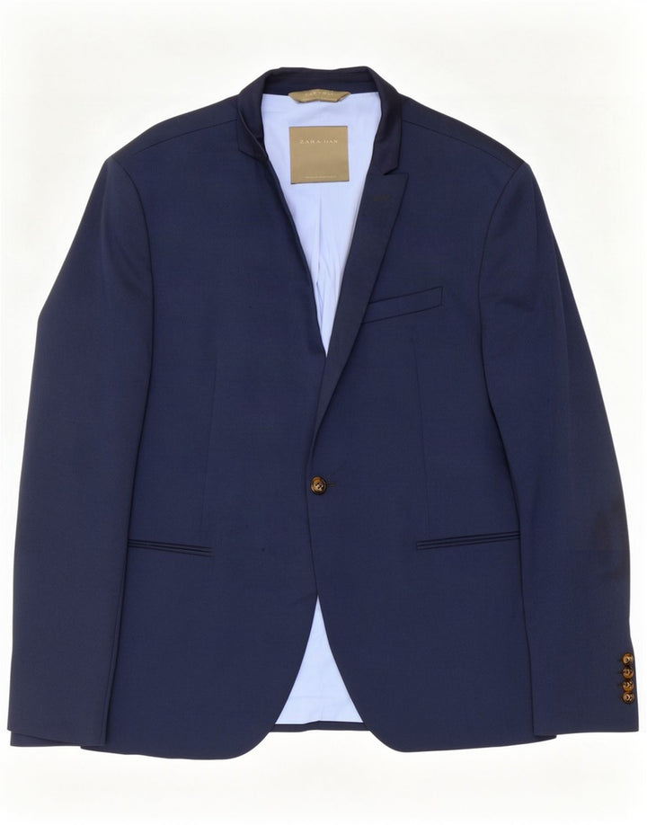 Zara Herren 1-Knopf-Blazerjacke EU 56 XL Marineblaues Polyester