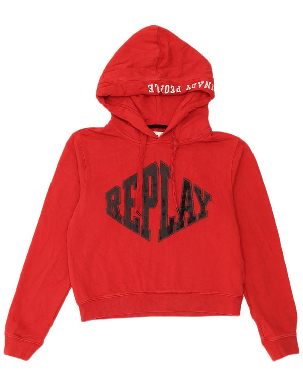 Replay Damen Graphic Crop Hoodie Pullover UK 14 Mittelrote Baumwolle