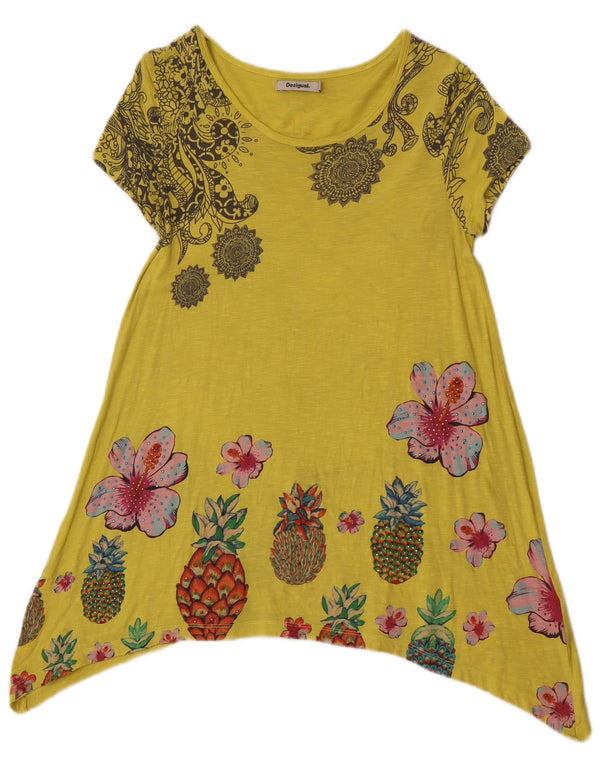 Desigual Womens Graphic Asymmetric Tunic Top UK 8 Kleines gelbes Blumenmuster