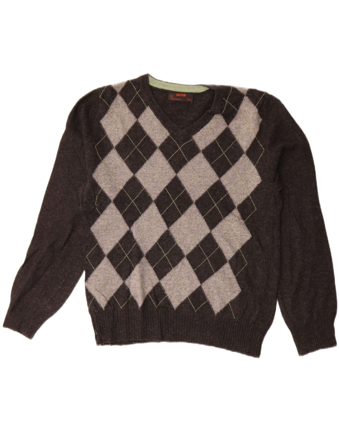 ZARA Herren-Pullover mit V-Ausschnitt, mittelgraue Argyle-/Diamantwolle