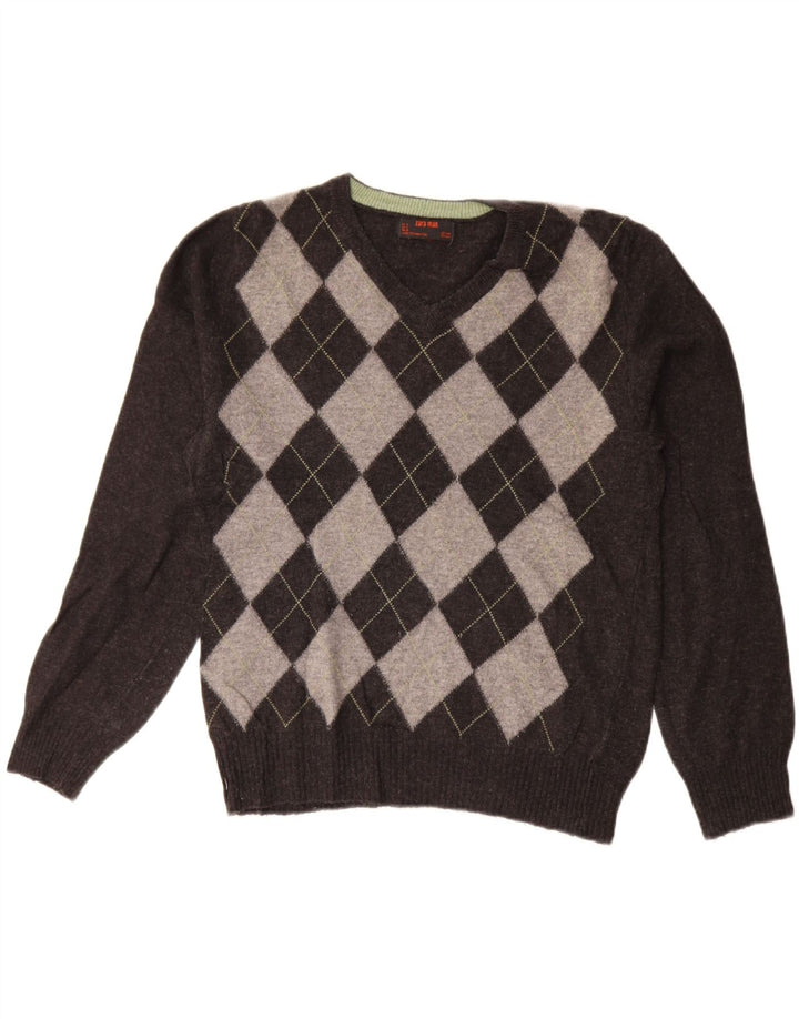 ZARA Herren-Pullover mit V-Ausschnitt, mittelgraue Argyle-/Diamantwolle