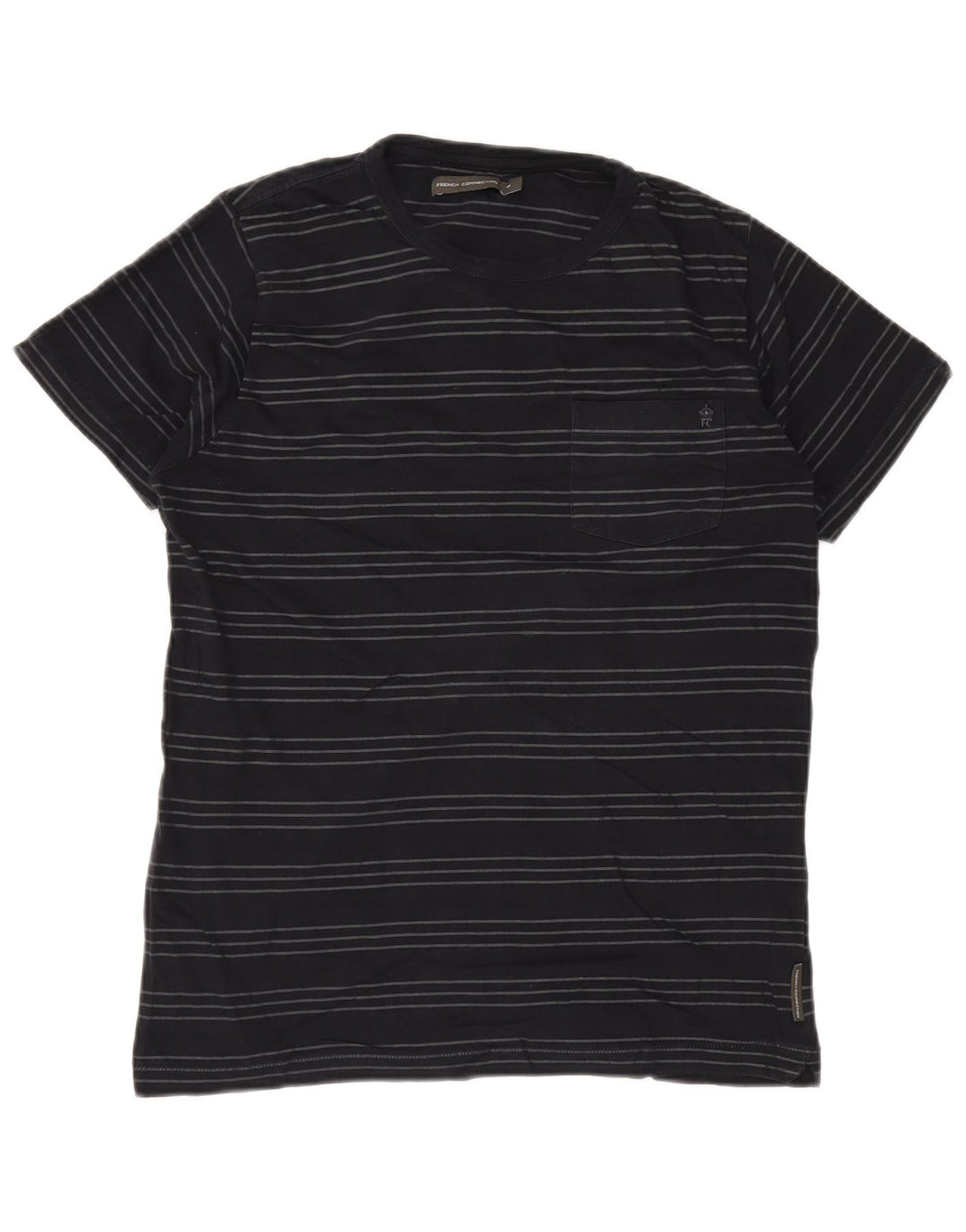 French Connection Herren-T-Shirt-Oberteil aus mittelblauer, gestreifter Baumwolle