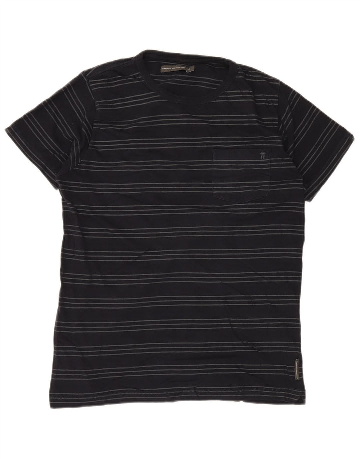 French Connection Herren-T-Shirt-Oberteil aus mittelblauer, gestreifter Baumwolle