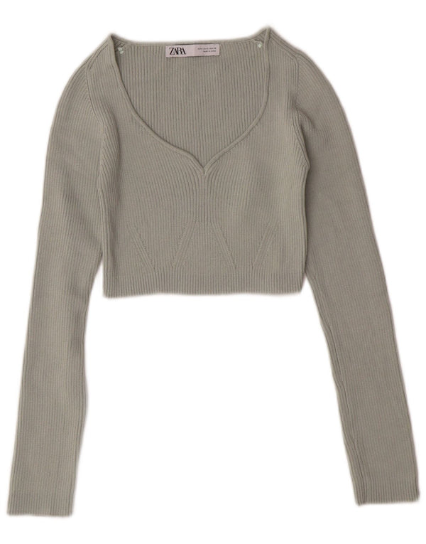 ZARA Damen Crop V-Ausschnitt Pullover Pullover UK 8 Small Grün Polyester