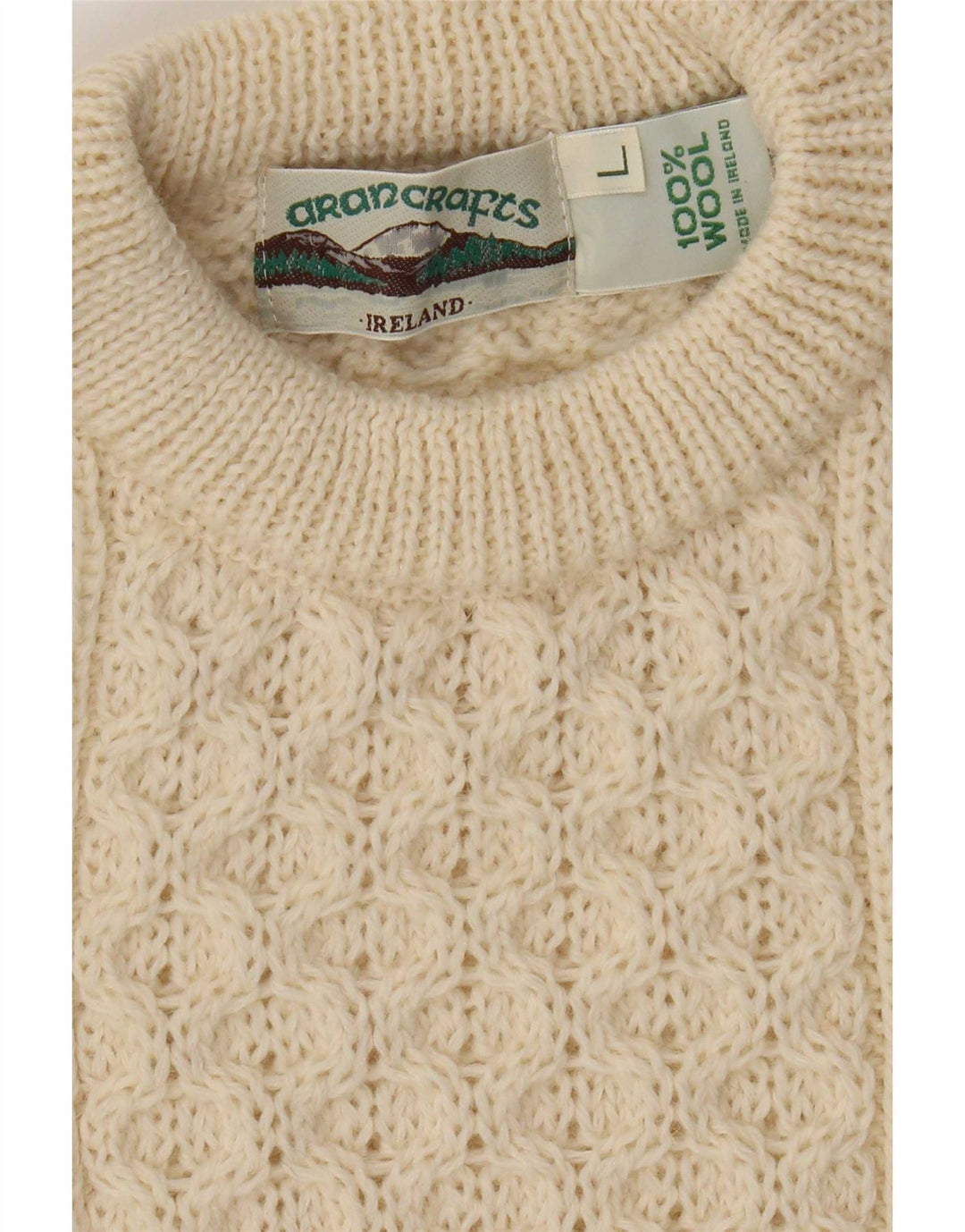 Aran Crafts Herren-Pullover mit Rundhalsausschnitt, Größe L, beige Wolle
