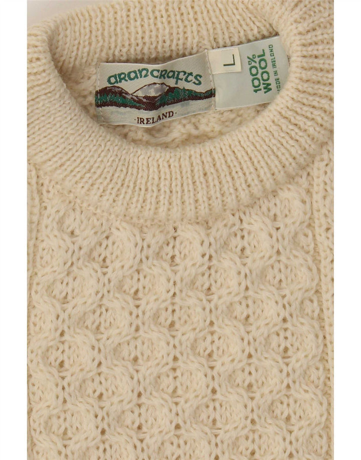 Aran Crafts Herren-Pullover mit Rundhalsausschnitt, Größe L, beige Wolle