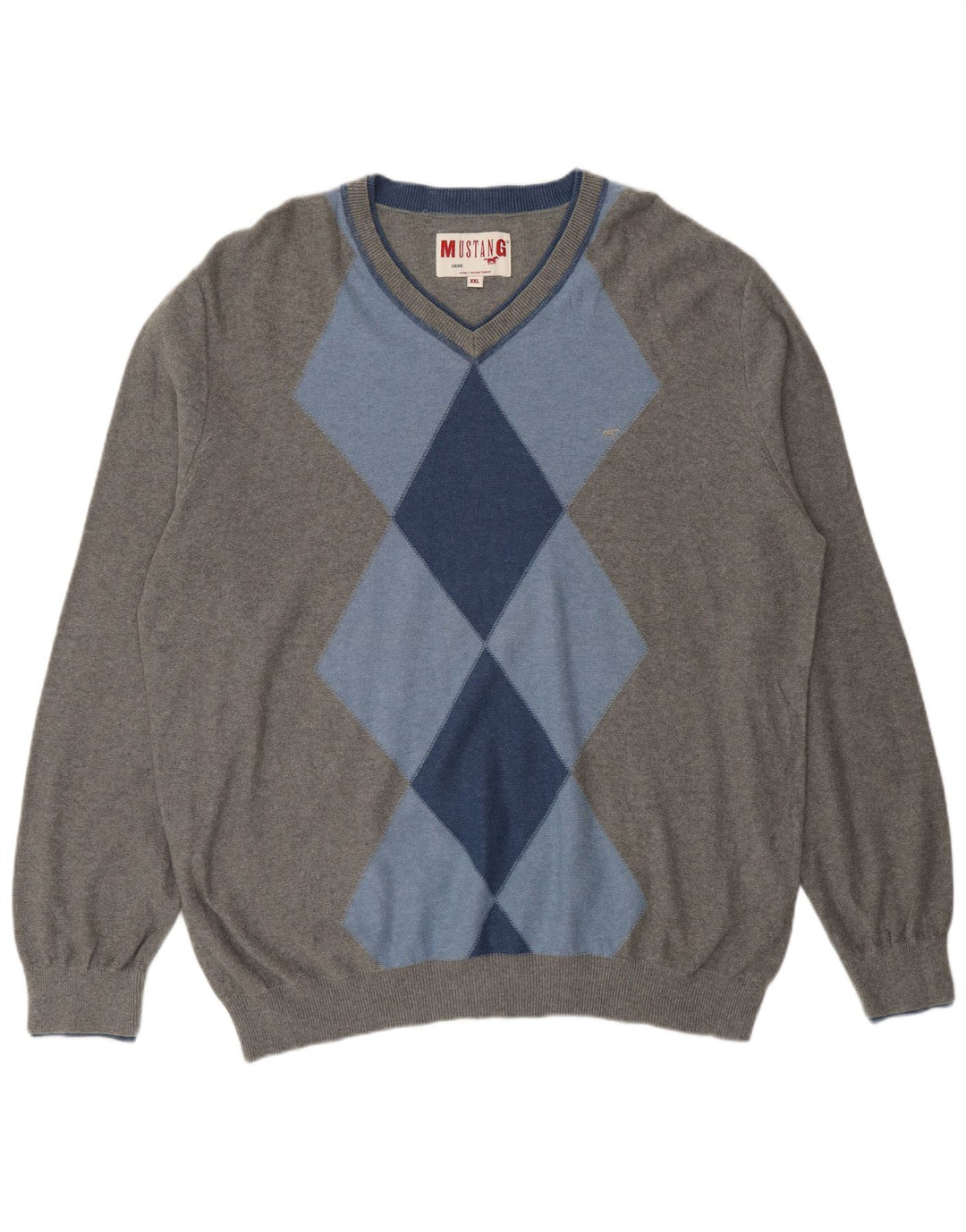MUSTANG Mens V-Neck Jumper Sweater 2XL Grey Argyle/Diamond Cotton