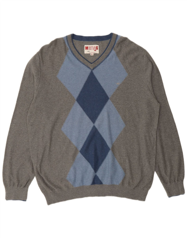 MUSTANG Mens V-Neck Jumper Sweater 2XL Grey Argyle/Diamond Cotton