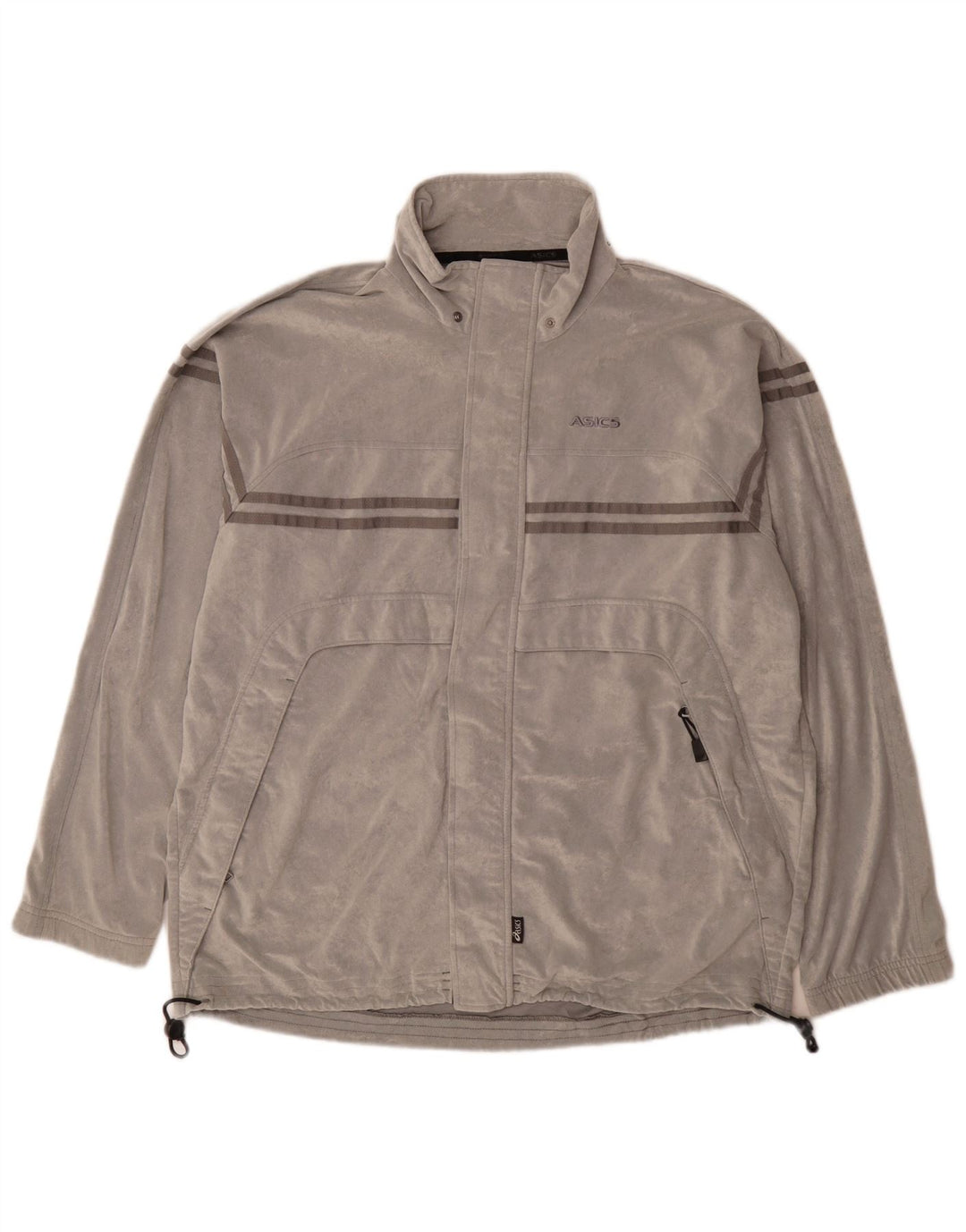Asics Herren Velours-Trainingsanzug-Topjacke, großes grau gestreiftes Polyester