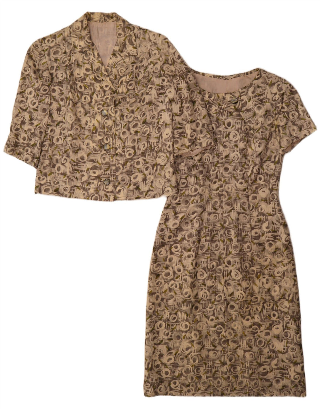 Vintage Damen-Set mit abstraktem Muster, 3/4-Ärmel, 2-teiliges Set, UK 12, Mittelgrau