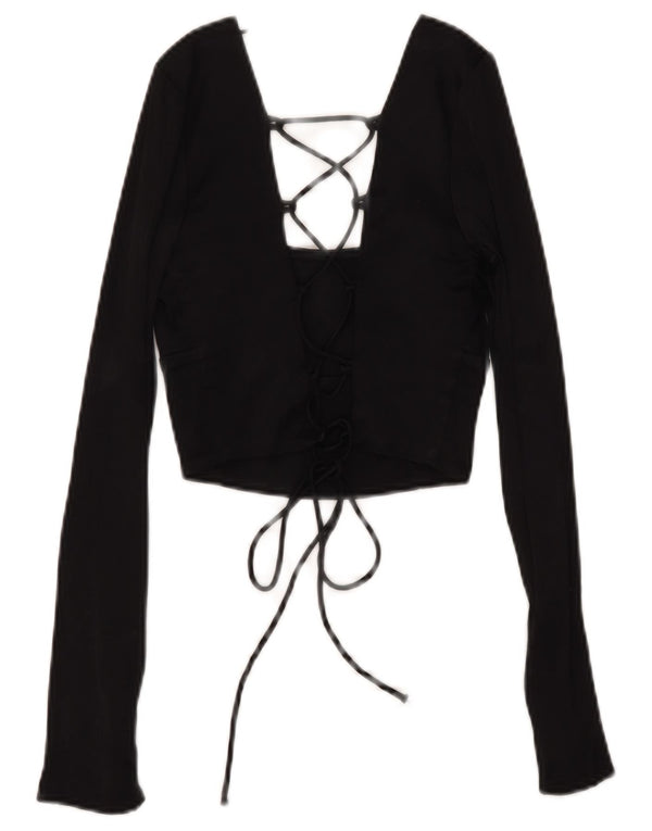 Zara Damen Crop Langarmbluse Top UK 6 XS Schwarze Viskose