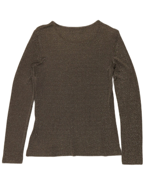 VINTAGE Damen Top Langarm UK 12 Mittelgrün meliert Viskose