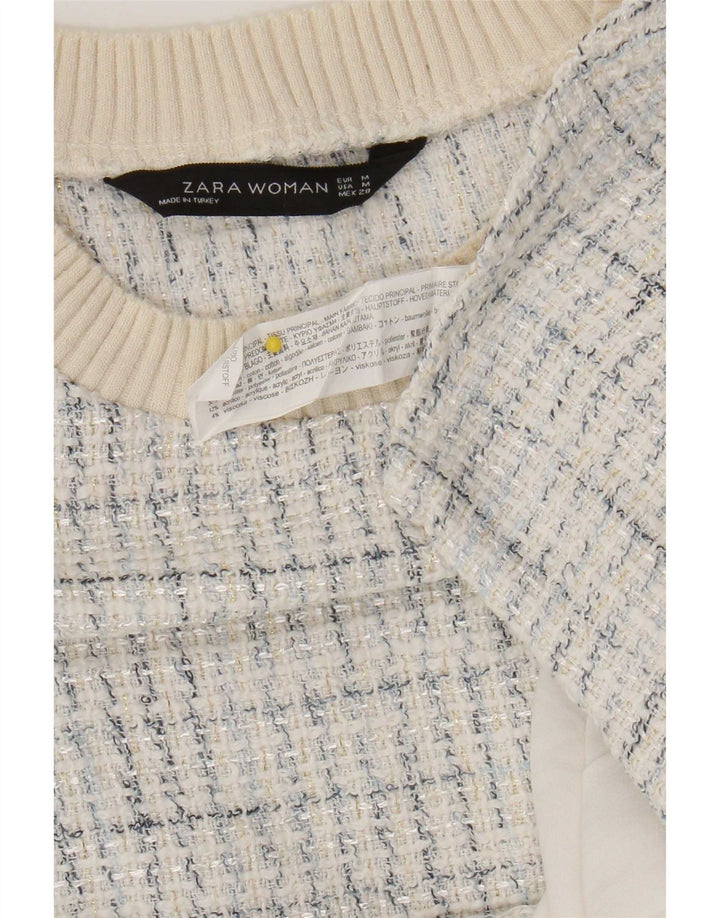 Zara Damen-Blusenoberteil UK 14 Mittelweiß karierte Baumwolle