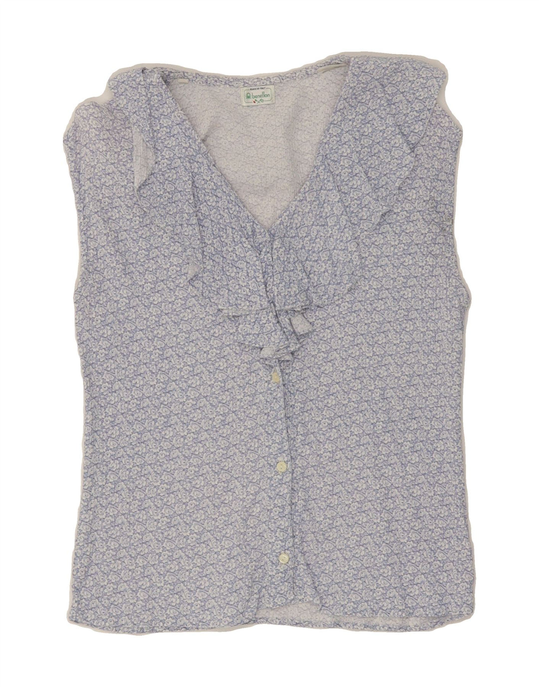 BENETTON Womens Ruffle Front Shirt Blouse UK 10 Small Blue Floral Vintage Benetton and Second-Hand Benetton from Messina Hembry 