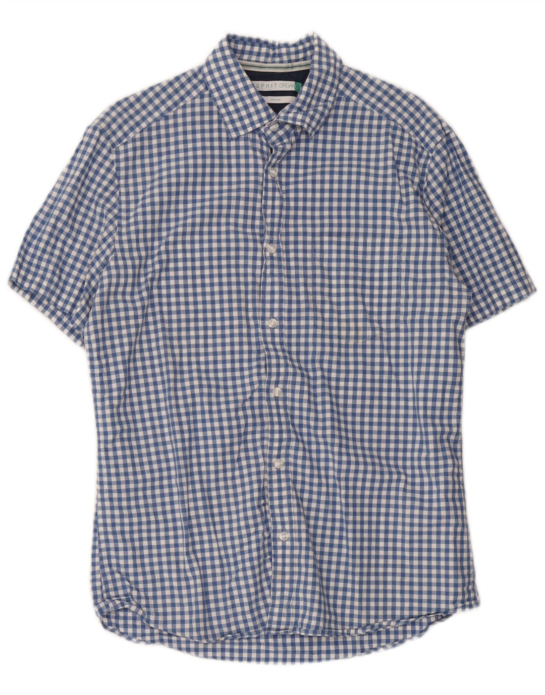 Esprit Herren Kurzarm-Hemd mit normaler Passform, mittelblaue Gingham-Baumwolle