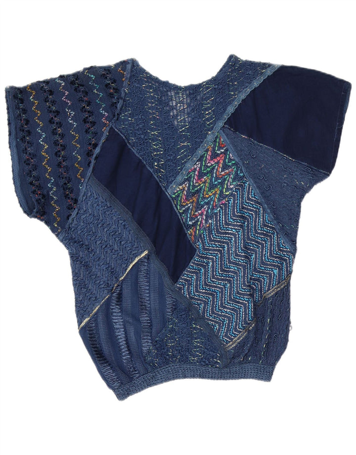 Vintage Damen Bluse Top UK 16 Großes marineblaues Patchwork