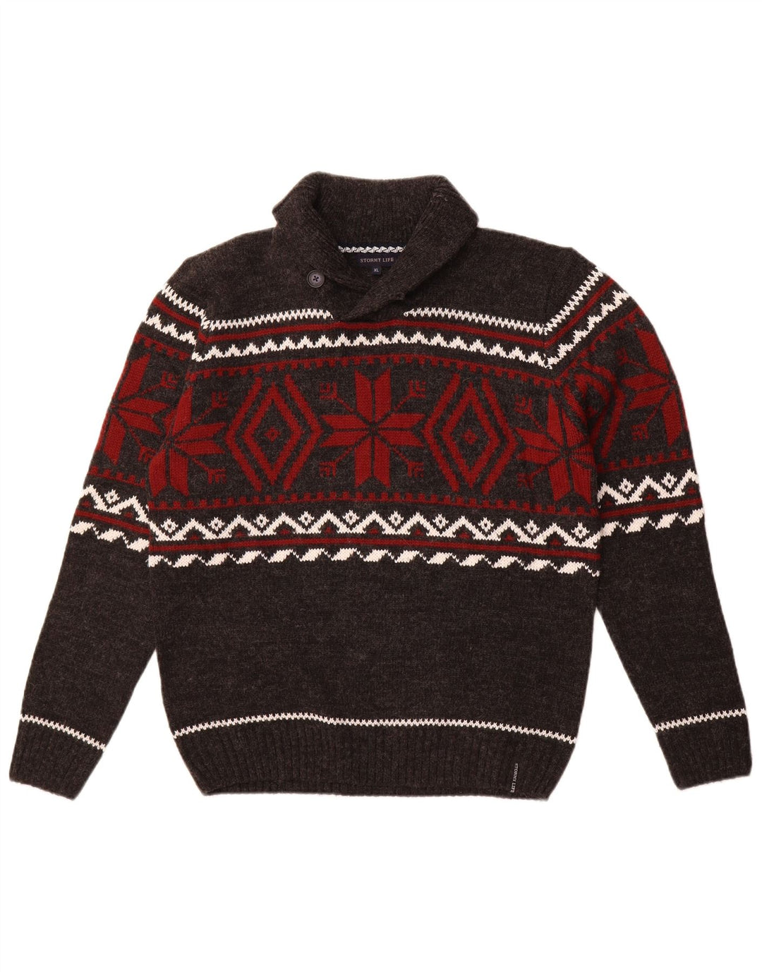 Vintage Herren Schalhalspullover Pullover Mittelgrau Fair Isle