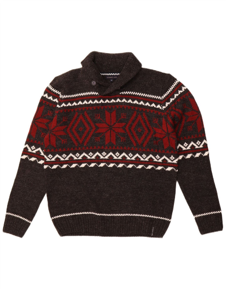 Vintage Herren Schalhalspullover Pullover Mittelgrau Fair Isle