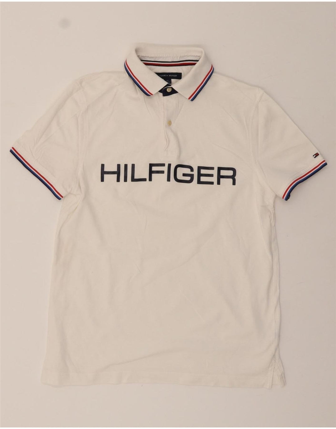 TOMMY HILFIGER Mens Graphic Polo Shirt Small White Vintage Tommy Hilfiger and Second-Hand Tommy Hilfiger from Messina Hembry 