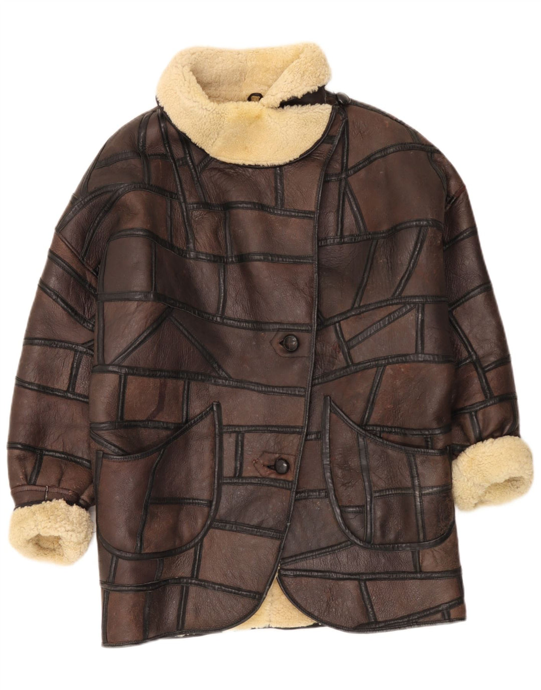 Vintage Damen Shearling Mantel UK 18 XL Braun Patchwork