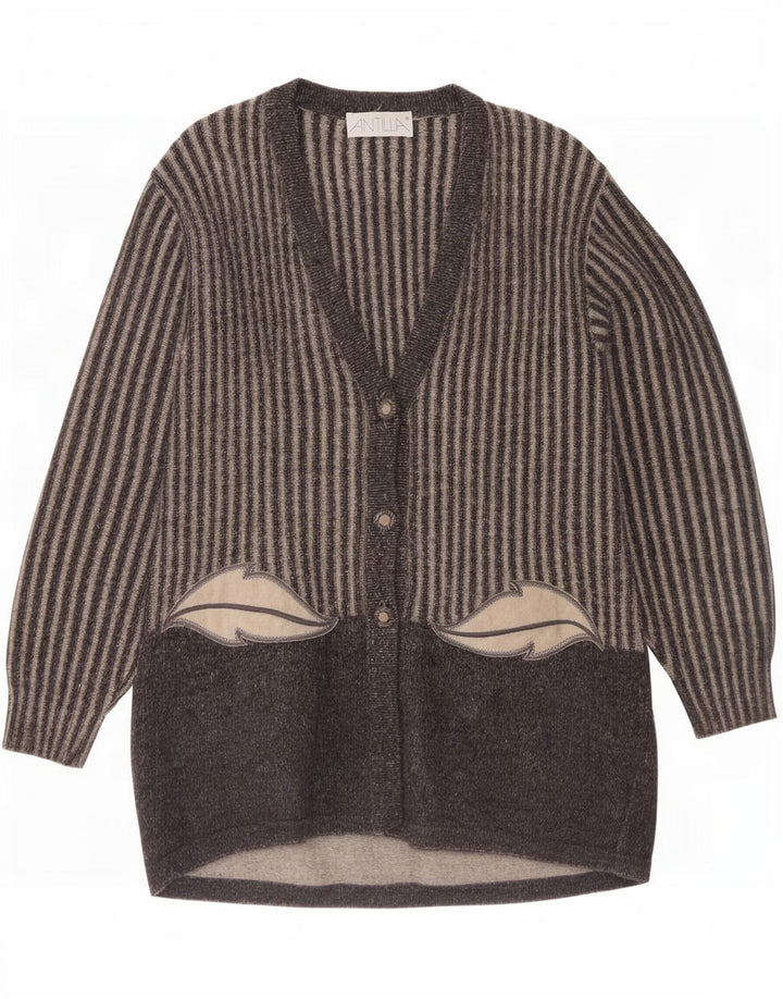 Vintage Damen Longline Cardigan Pullover UK 14 Mittelgrau gestreifte Wolle