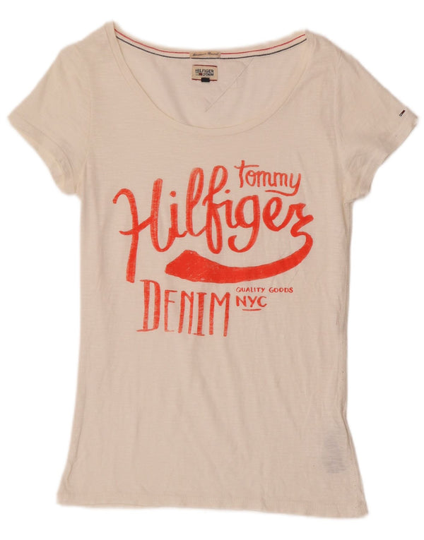 Tommy Hilfiger Damen-T-Shirt mit Grafik, UK 8, Größe S, weiße Baumwolle