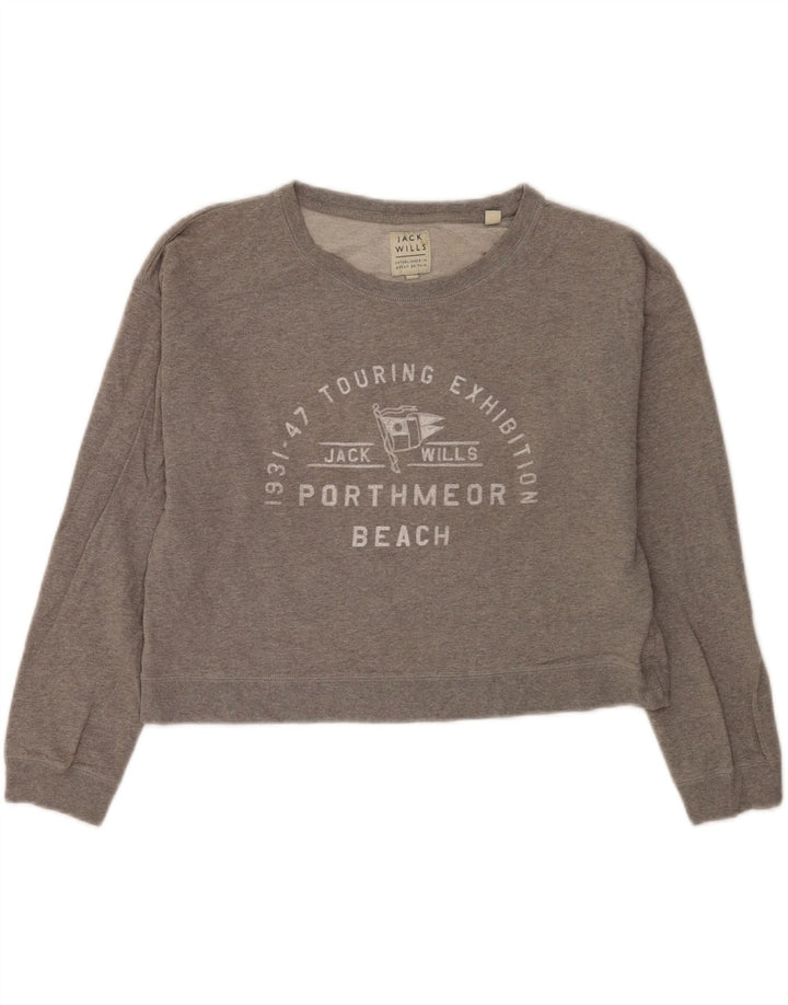 Jack Wills Damen Graphic Crop Sweatshirt Pullover UK 12 Mittelgraue Baumwolle