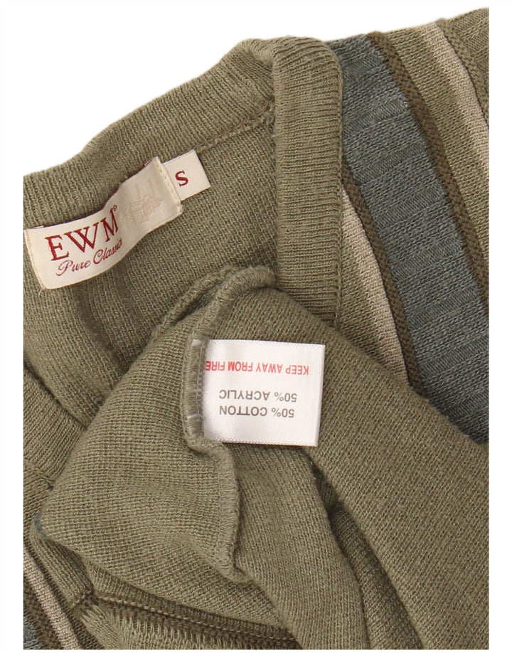 EWM Herren-Pullover mit V-Ausschnitt, klein, Khaki, gestreift, Baumwolle