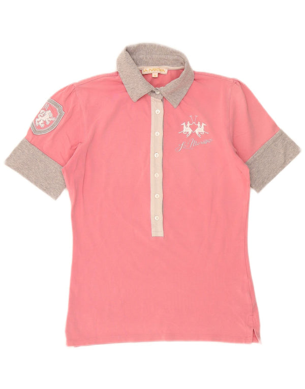 La Martina Damen-Poloshirt mit Grafik, UK 12, mittelrosa, Colourblock-Baumwolle