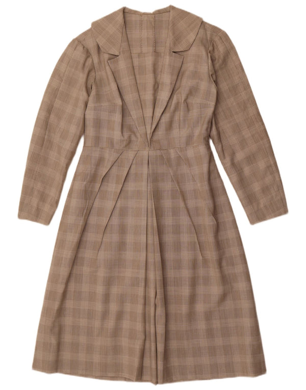 Vintage Damen Langarm-A-Linien-Kleid UK 12 Mittelgrau kariert