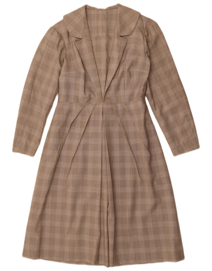 Vintage Damen Langarm-A-Linien-Kleid UK 12 Mittelgrau kariert