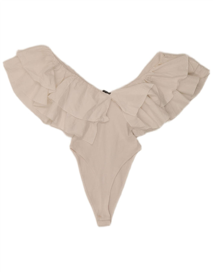 Zara Damen-Body mit Rüschen, UK-Größe 8, Größe S, weiße Baumwolle