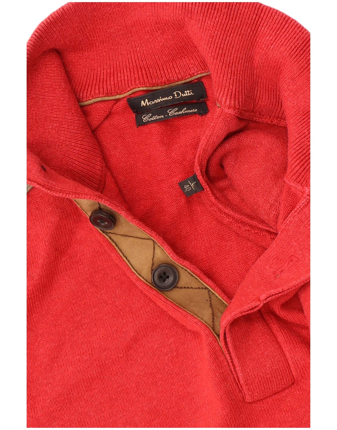 Massimo Dutti Herren-Pullover mit Knopfkragen, groß, rote Baumwolle in Blockfarben