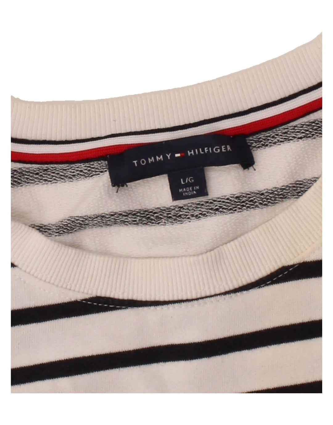 TOMMY HILFIGER Mens Graphic Sweatshirt Jumper Large White Striped Cotton Vintage Tommy Hilfiger and Second-Hand Tommy Hilfiger from Messina Hembry 