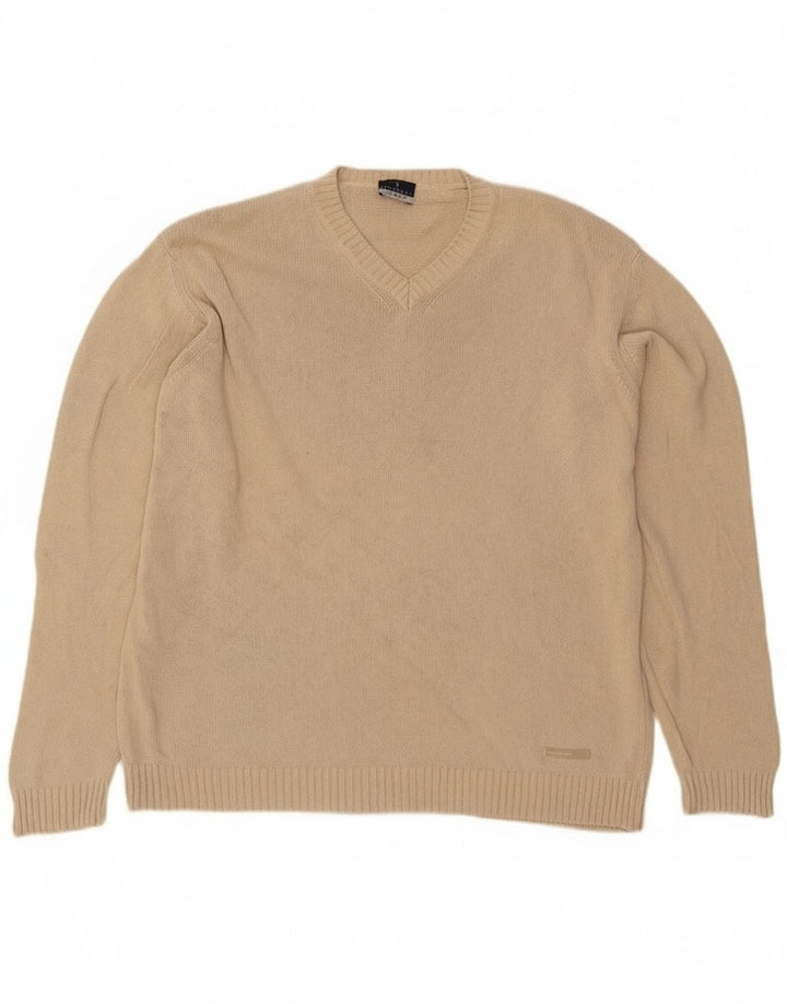 Trussardi Herren-Pullover mit V-Ausschnitt, groß, beige Baumwolle
